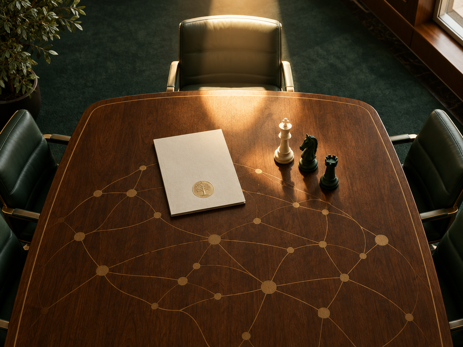 Illustration : table de conseil vue de dessus, chaise vide éclairée