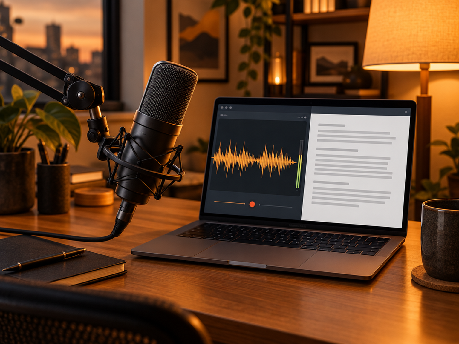 Illustration : micro de studio et ordinateur affichant une transcription locale