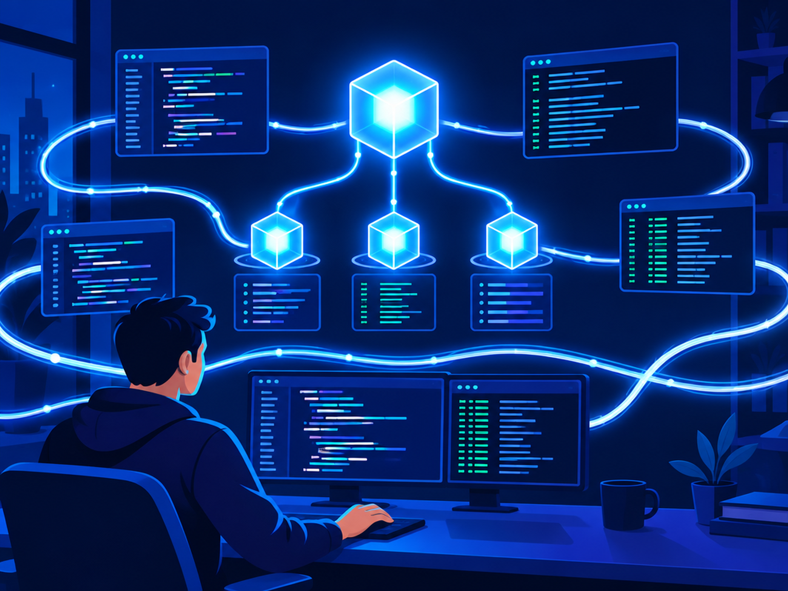 Illustration : un agent orchestrateur relié à trois sous-agents IA dans un atelier de code
