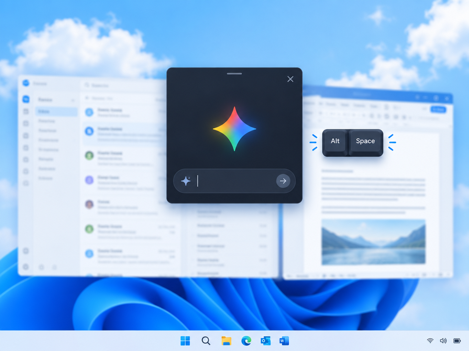 Illustration de l'application Gemini pour Windows : panneau flottant sur un bureau Windows 11, raccourci Alt + Espace