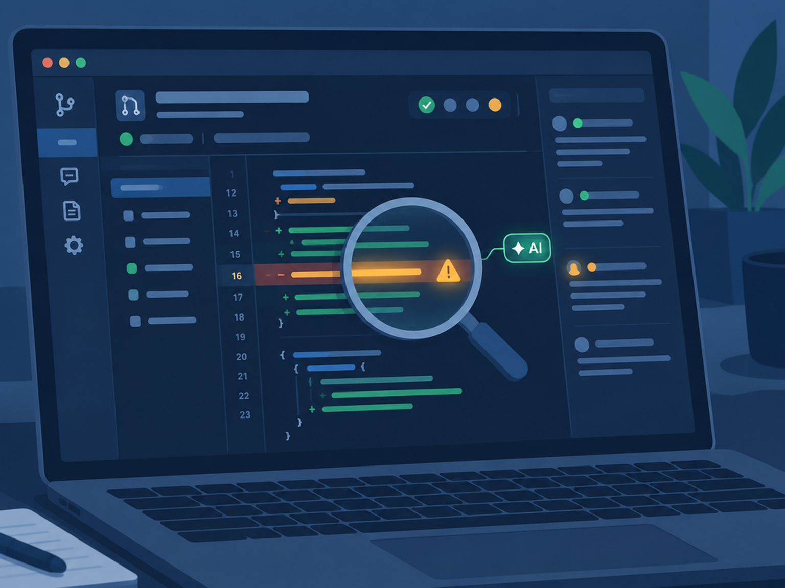 Illustration : loupe IA analysant une ligne de code signalée dans une pull request