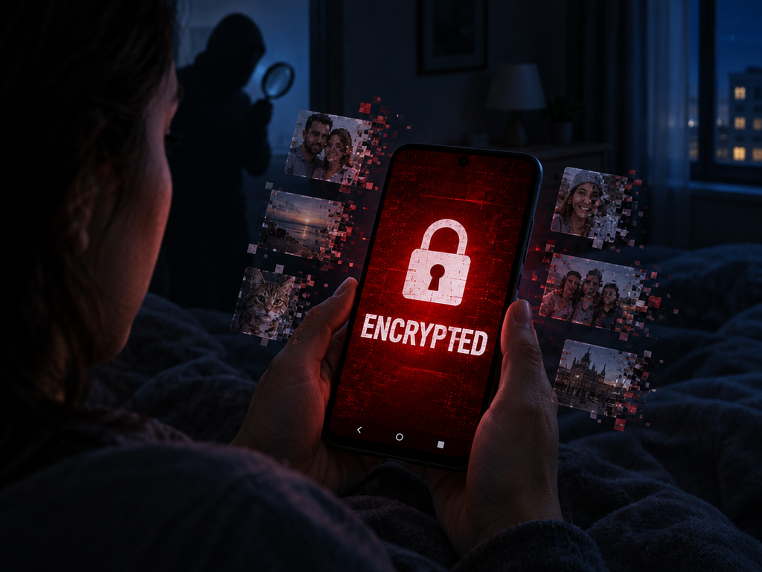 Illustration : un téléphone Android affichant une demande de rançon, photos volatilisées, pendant qu'un espion observe en arrière-plan