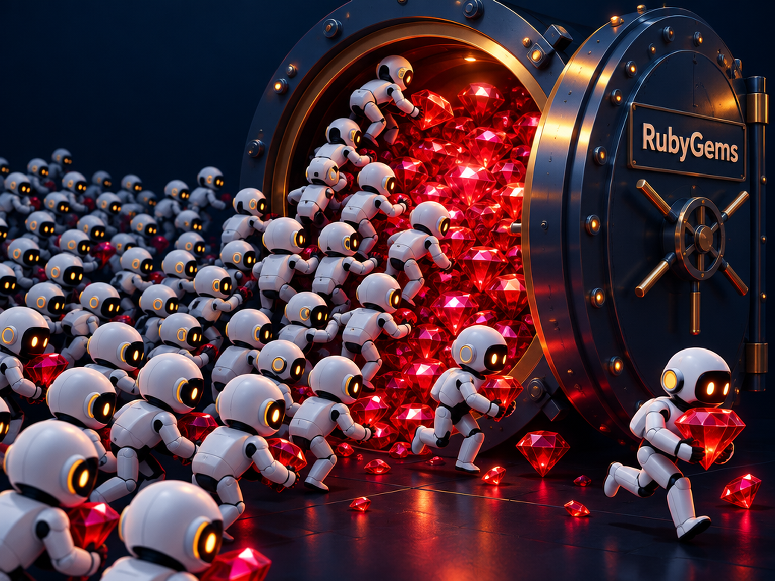 Illustration : un essaim de petits robots IA envahit un coffre rempli de gemmes rouges marqué RubyGems