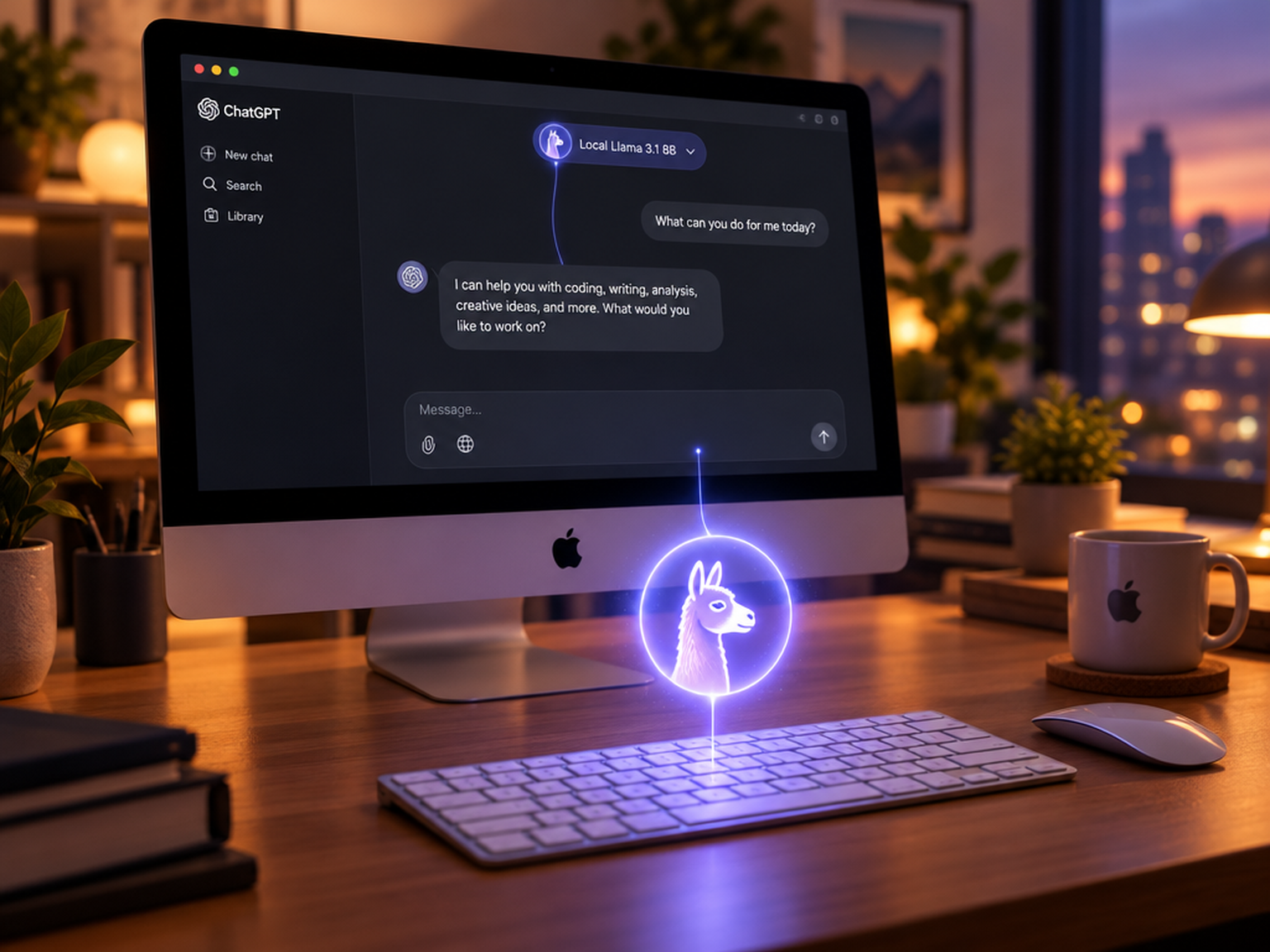Un iMac avec l'application ChatGPT ouverte et un badge modèle local, un llama lumineux flottant au-dessus du clavier
