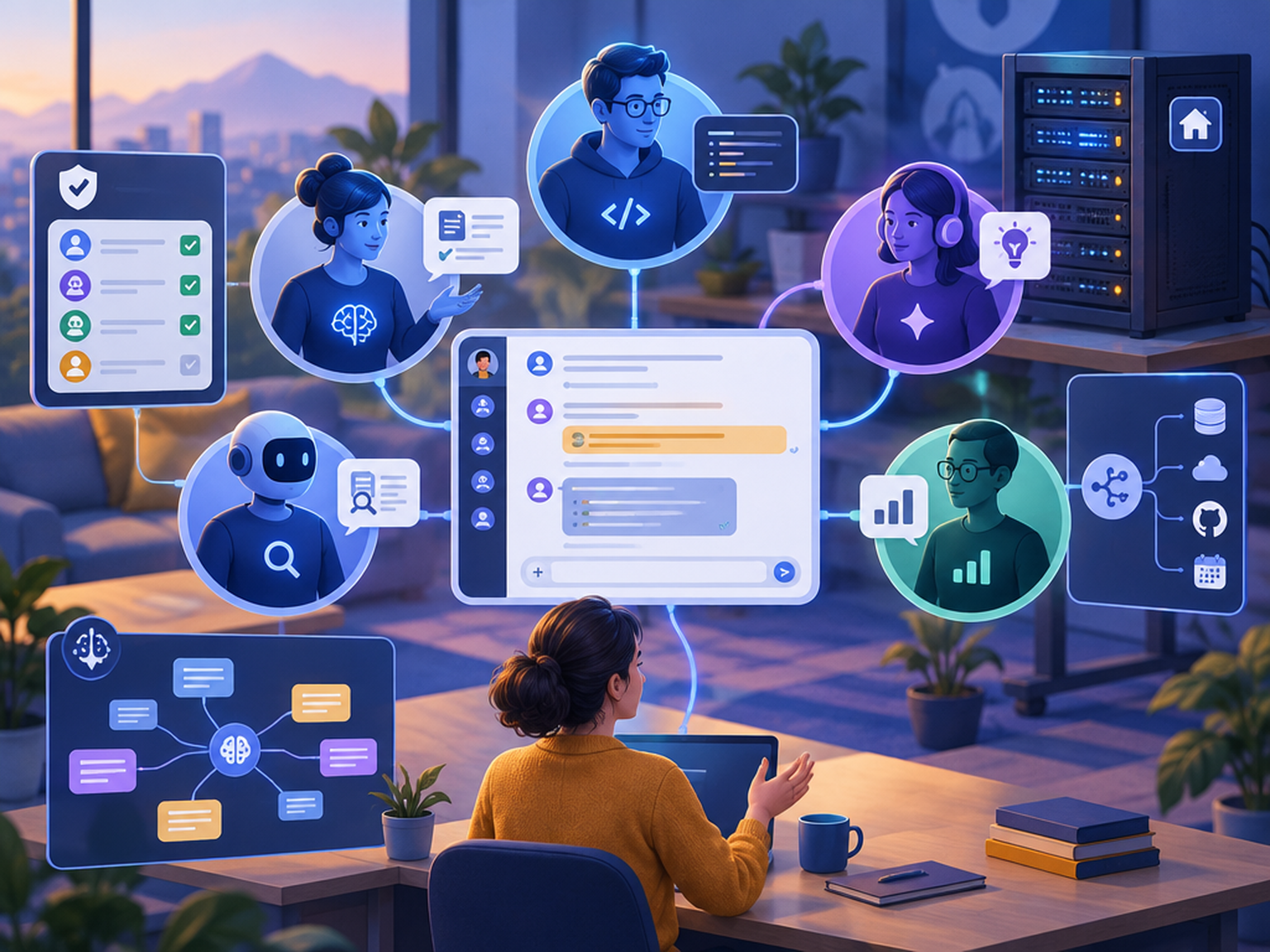 Espace de travail où une personne collabore avec plusieurs coéquipiers IA autour d’une conversation et d’un serveur auto-hébergé