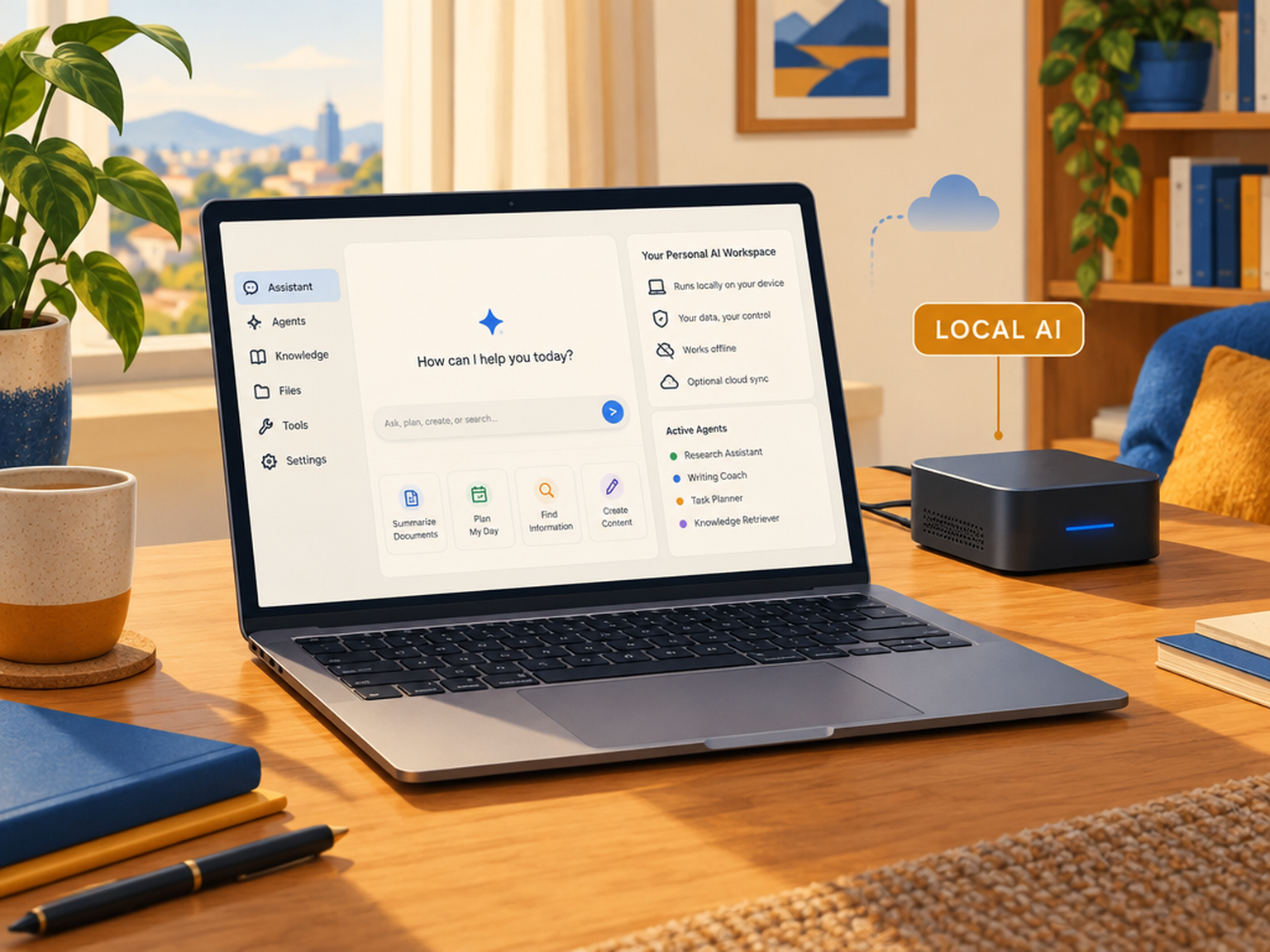 Ordinateur portable affichant un assistant IA local avec une petite machine et le label Local AI
