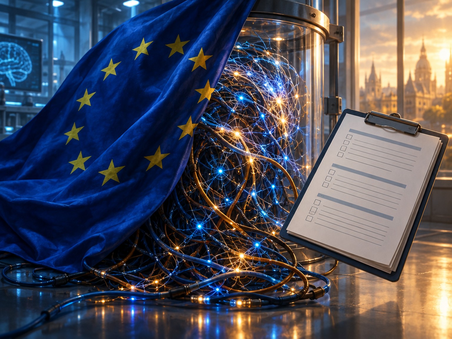 Illustration : drapeau européen et questionnaires face à des câbles d’IA qui débordent d’un laboratoire