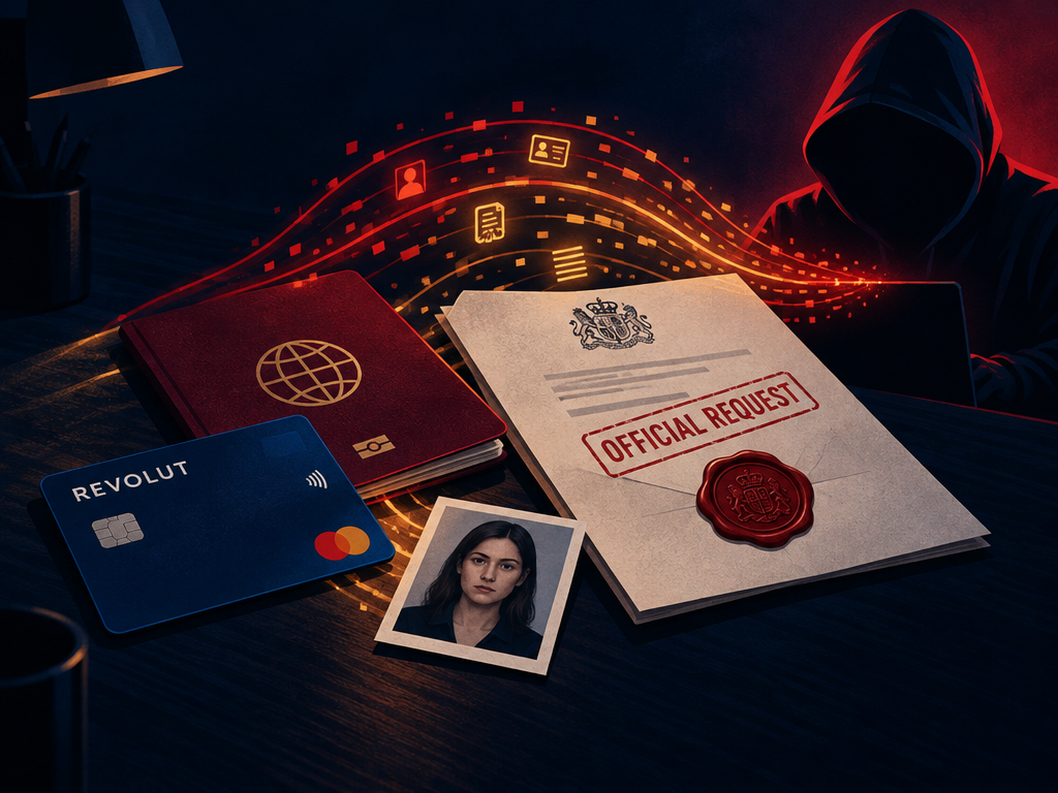 Illustration de la fuite de données chez Revolut : carte bancaire, passeport, selfie de vérification et lettre officielle falsifiée