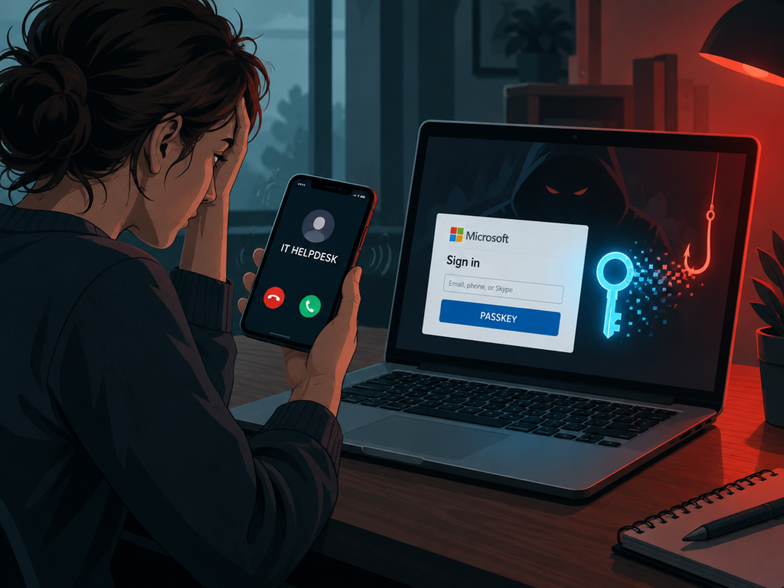 Illustration : un salarié reçoit un appel du faux support informatique pendant qu'un faux portail de connexion Microsoft s'ouvre sur son ordinateur