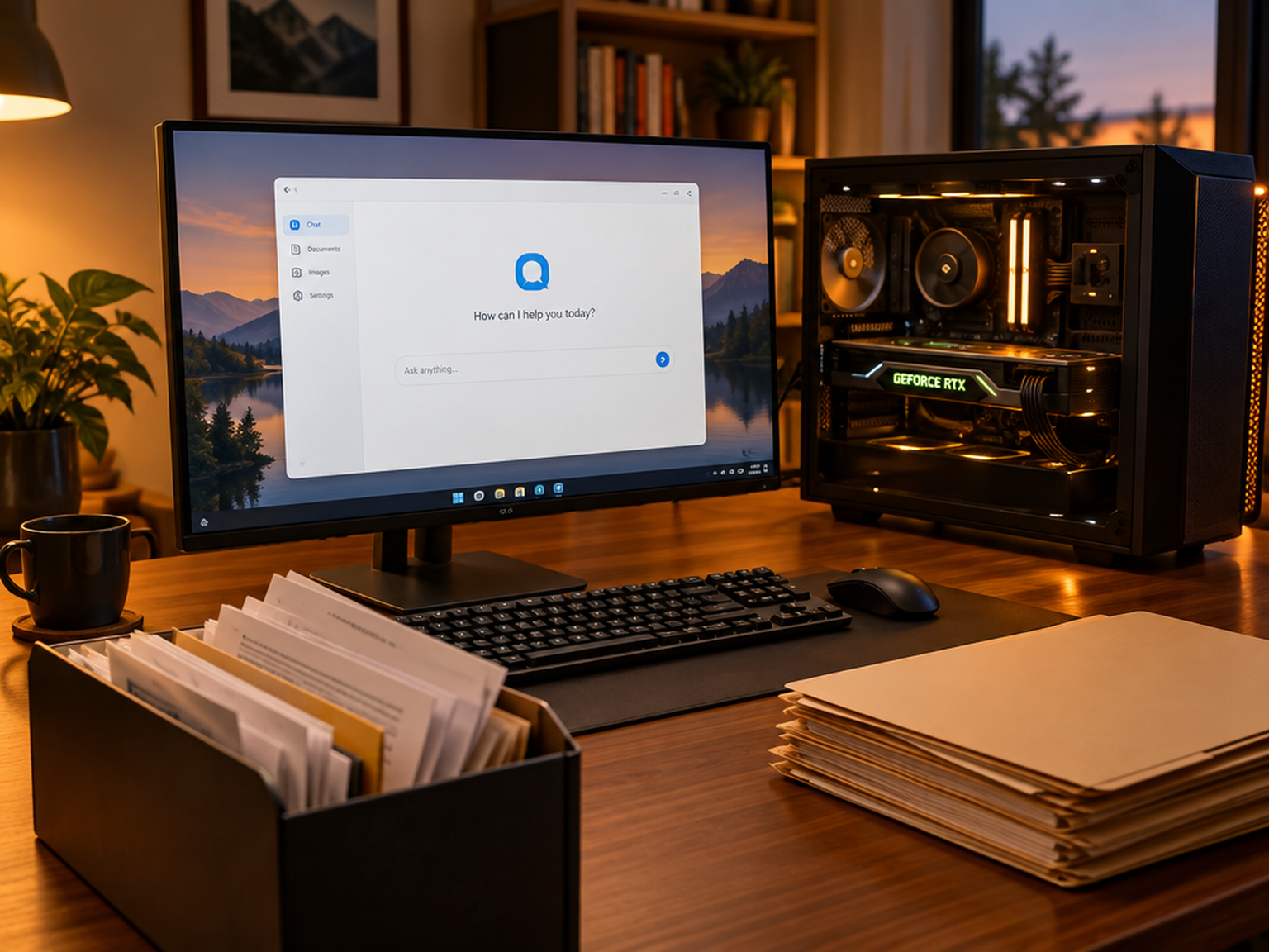 PC de bureau Windows avec carte GeForce RTX et assistant IA local
