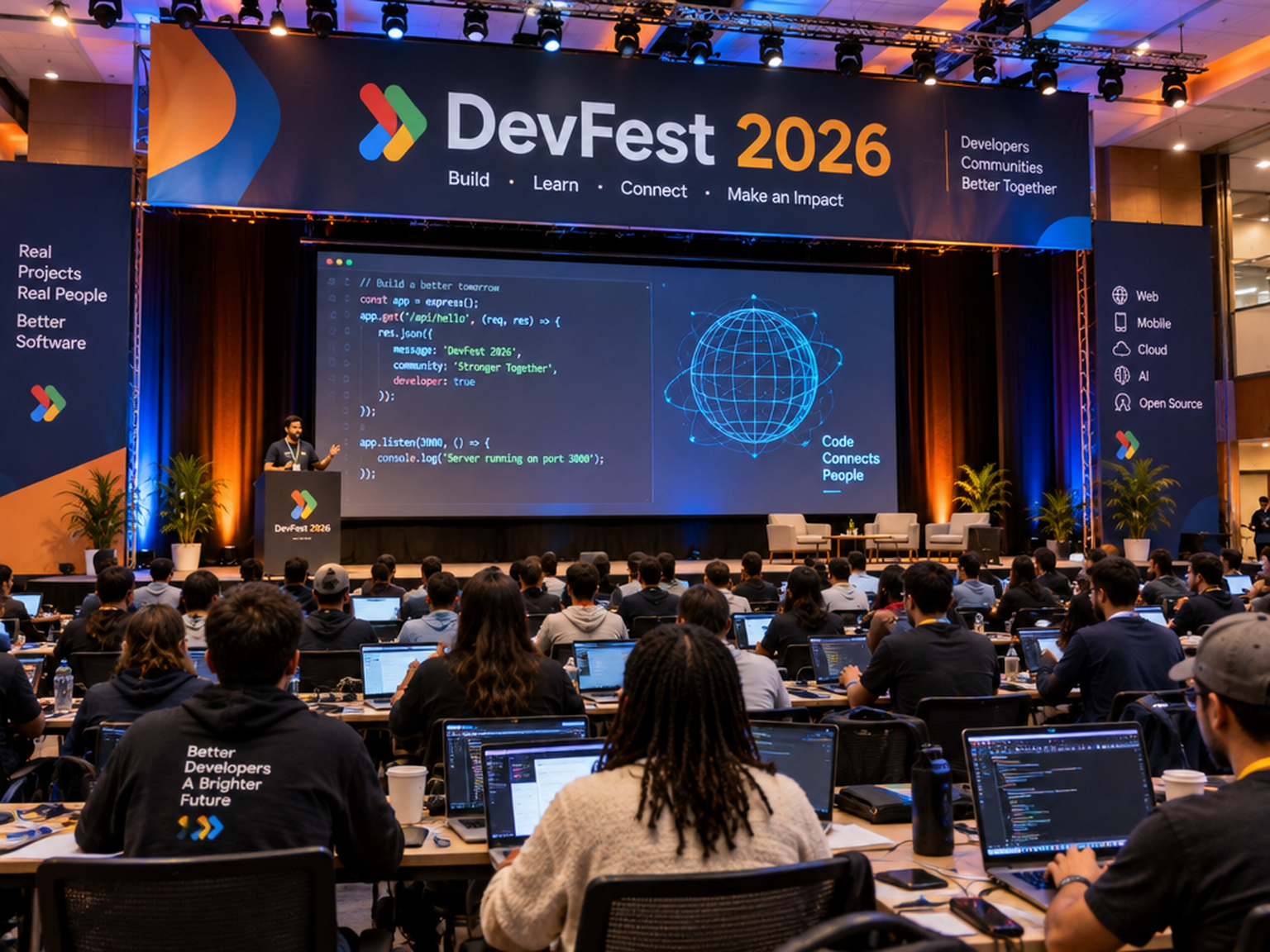 Illustration d'une conférence DevFest 2026 : bannière de scène, code présenté à l'écran et public de développeurs