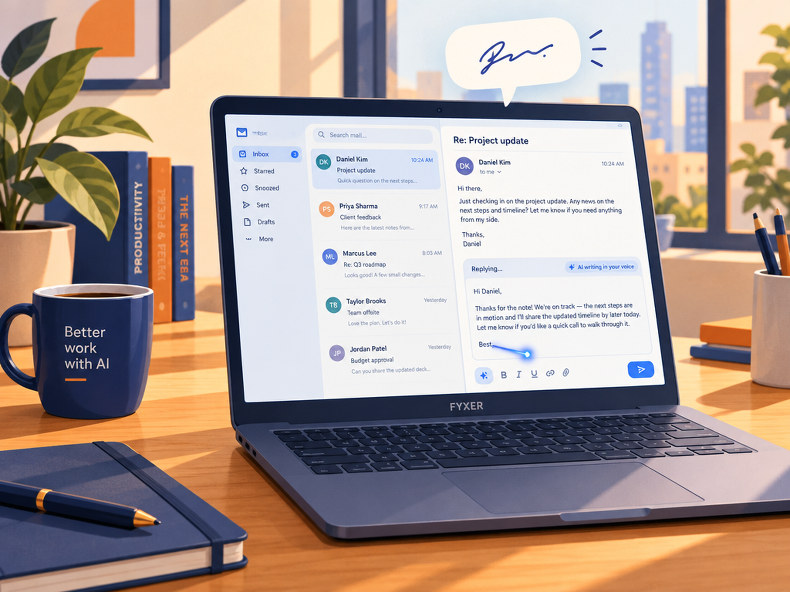 Illustration d'un assistant IA rédigeant un brouillon de mail sur un ordinateur portable, étiquette Fyxer
