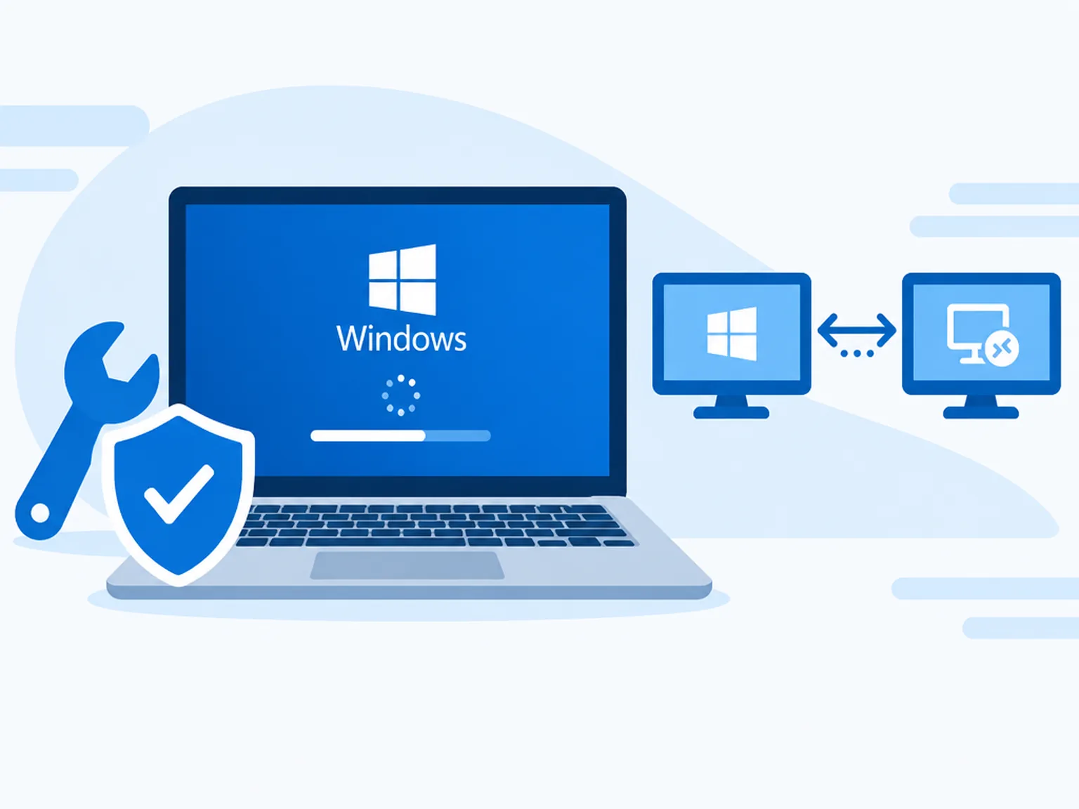 Illustration d’un ordinateur Windows affichant une mise à jour avec une clé et un bouclier, deux écrans reliés symbolisant le Bureau à distance