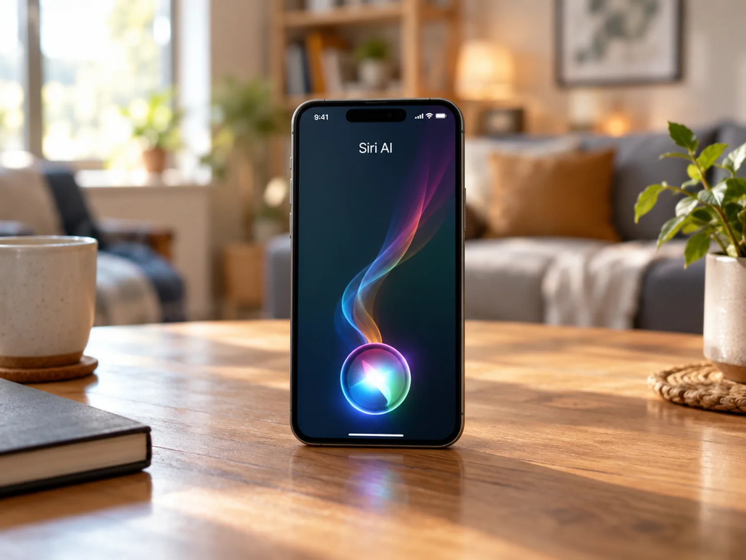 Illustration Siri AI sur un iPhone, un orbe multicolore à l’écran